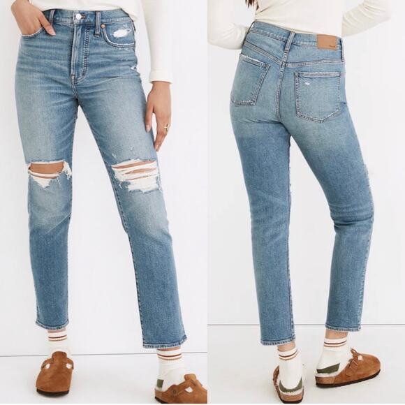 Madewell Jeans Womens 27 Blue Perfect Vintage Distressed Denman Wash Ripped Knee - Picture 1 of 13